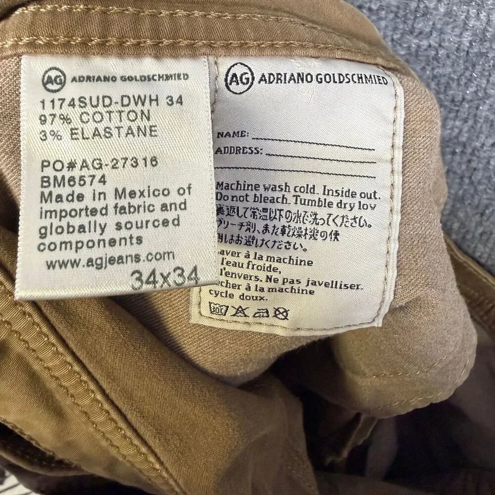 AG Adriano Goldschmied Mens The Graduate Pants 34x34(29) Tan Tailored Leg Chinos